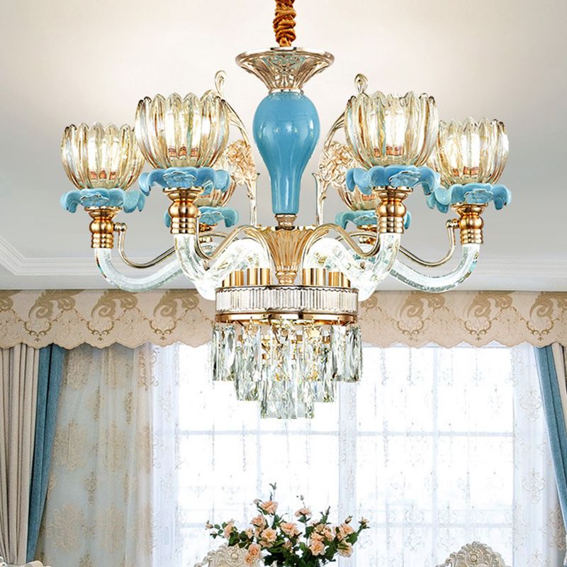 Fleur bleue suspendue au plafond modernisme 6/8/12 têtes 21,5 "/31,5" / 39 "de largeur en verre ambre de large éclairage