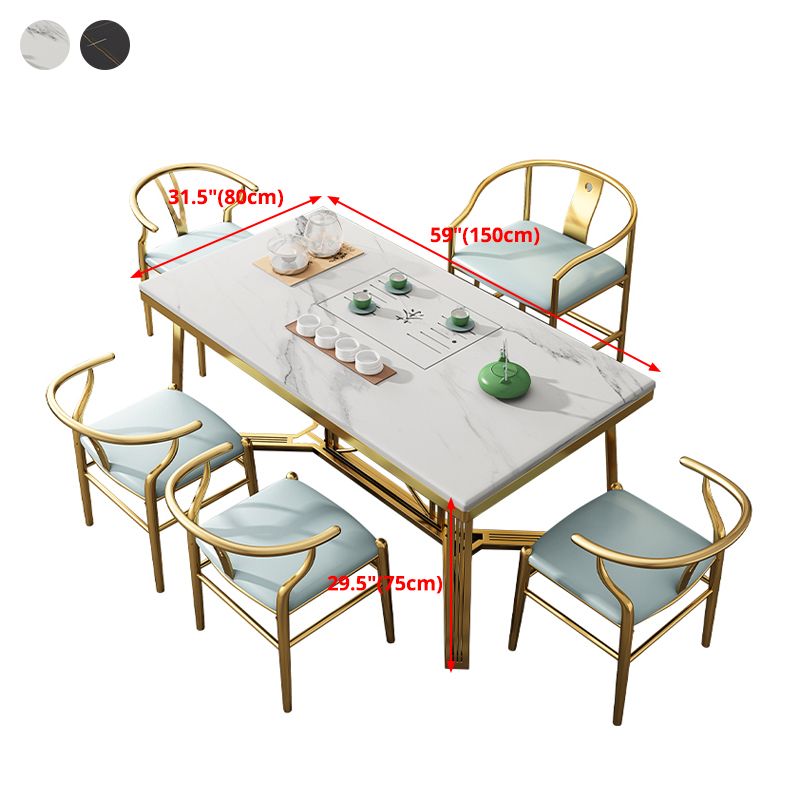 Mesa rectangular de lujo tradicional de metal, mesa superior de piedra sinterizada con base de caballete