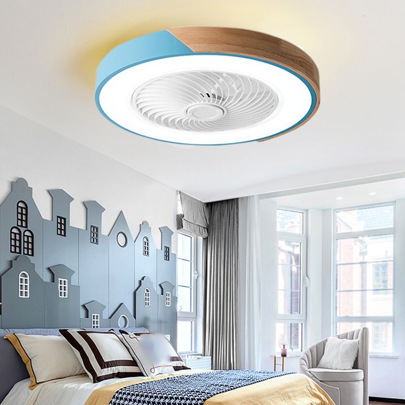 Macaron Round LED Fan Lamp with Invisible Blades Bedroom Solid Wood Semi Flush Light