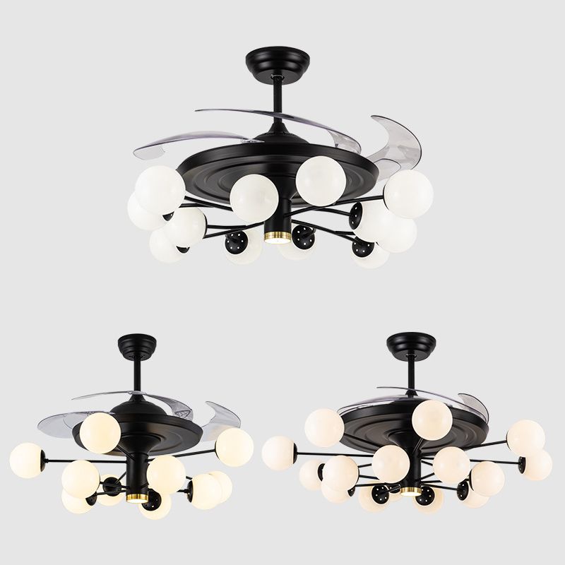 Kugelhaltige Lüfterleuchte minimalistische Cremeglas Black Semi Flush Mount mit 4 Klingen und Fernbedienung