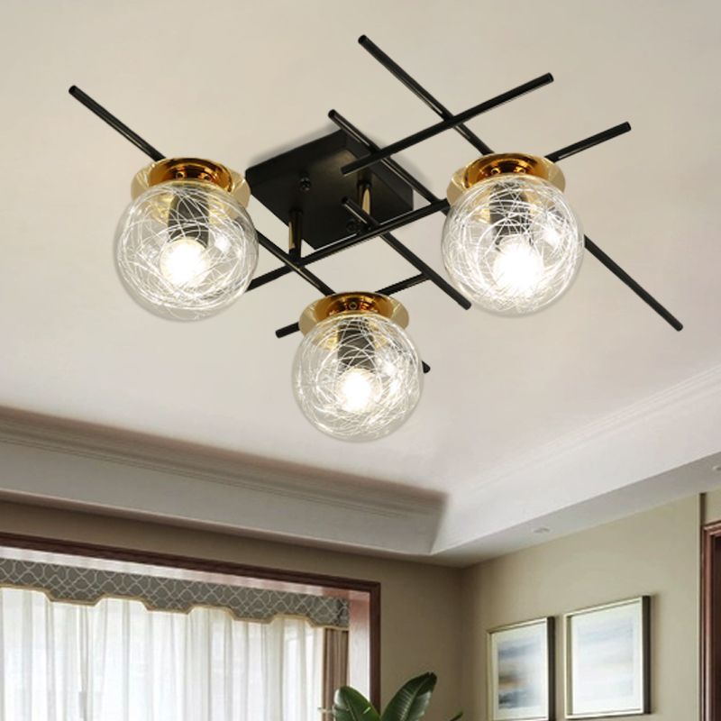 Minimal 3 Heads Semi Flush Light with Clear/Smoke Gray Glass Shade Black Ball Close to Ceiling Lamp for Bedchamber