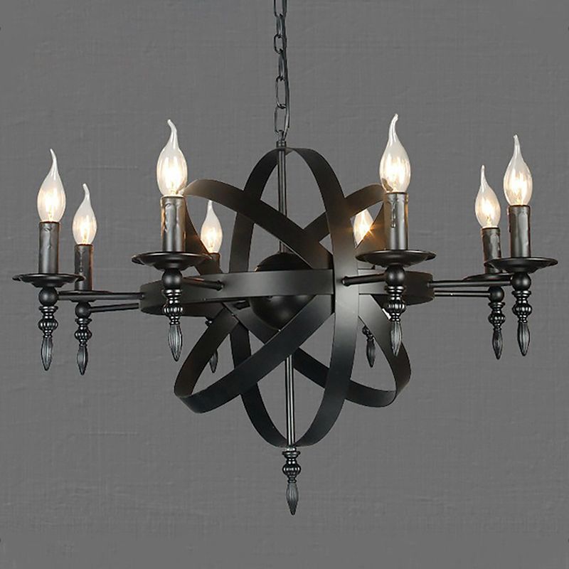 6/8 Light Industrial Globe Lantern Plafond Light Style Candle Black Metallic Chandelier