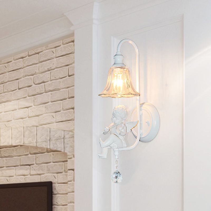 Cream Angel Wall Light Decorative 1-Head Resin Wall Mounted Lamp with Flower Clear Glass Shade and Crystal Orb