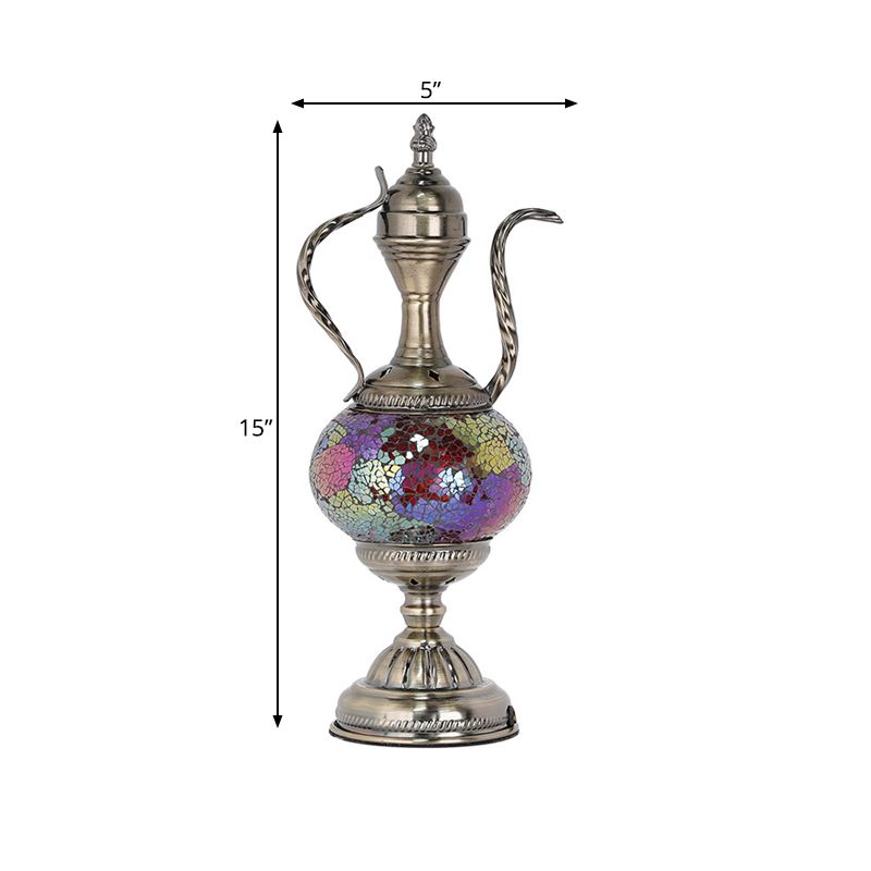 Vintage Teapot Shaped Night Table Lamp 1 Bulb Pink/Purple/Blue and Purple Stained Glass Nightstand Light for Bedroom