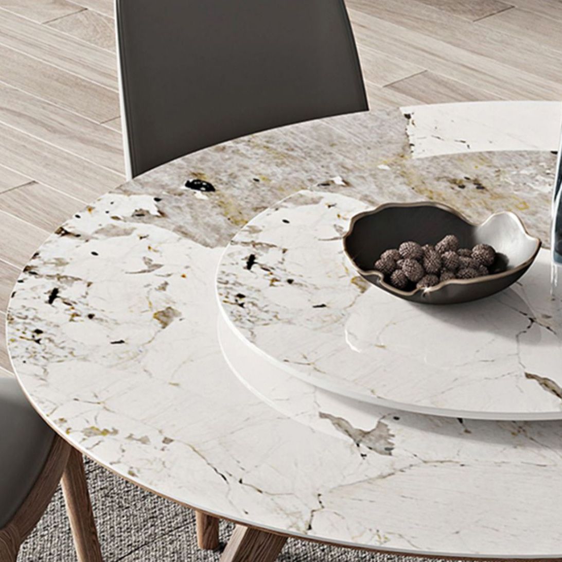 White Sintered Stone Top Table Round Home Kitchen Dinner with Natural Legs