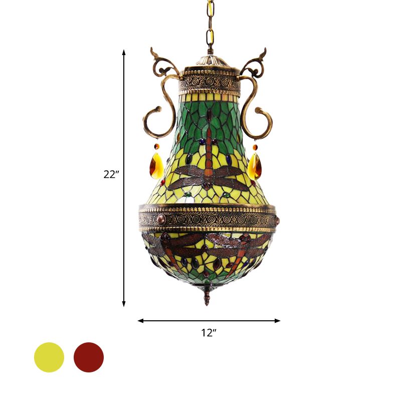 Dragonfly Chandelier 6 Lights Stained Glass Tiffany Pendant Lighting in Red/Yellow/Green for Dining Room