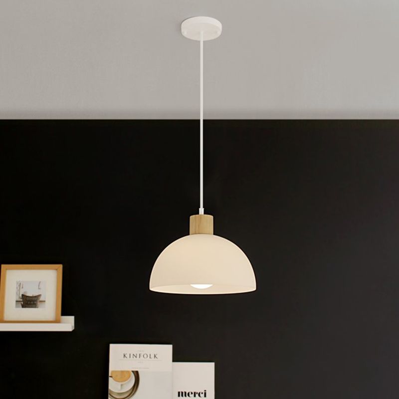Acrylic Bowl Hanging Light Simplicity Single White Suspension Pendant Light with Wood Cap