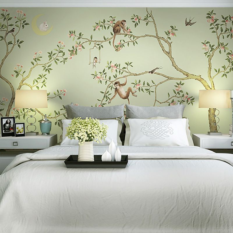 Green Tree and Monkey Mural Wallpaper Water-Resistant Wall Covering for Living Room
