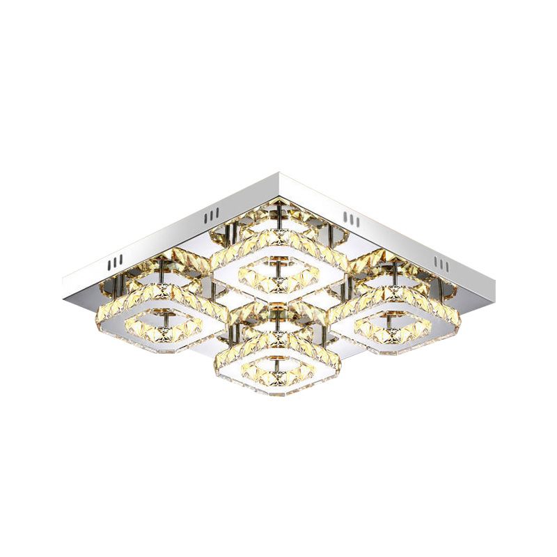 Modernism Squared Semi Flush Light Faceted Crystal LED Restaurant Ceiling Mounted Fixture in Chrome
