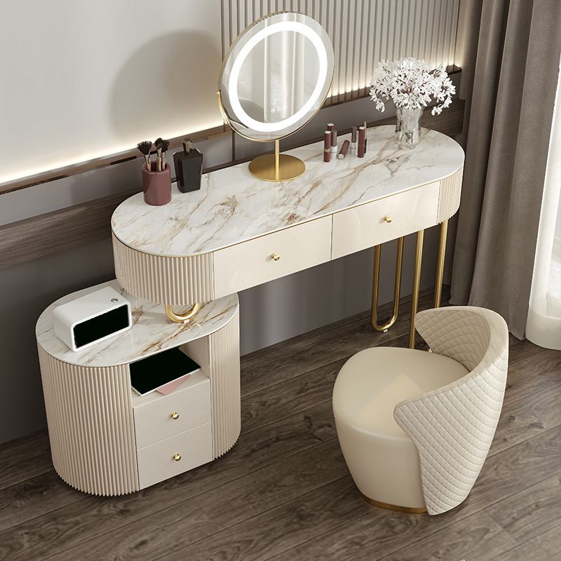 Luxurious Stone Vanity Table with Drawers 30.7" H Makeup Dressing Table Stool Set in Beige