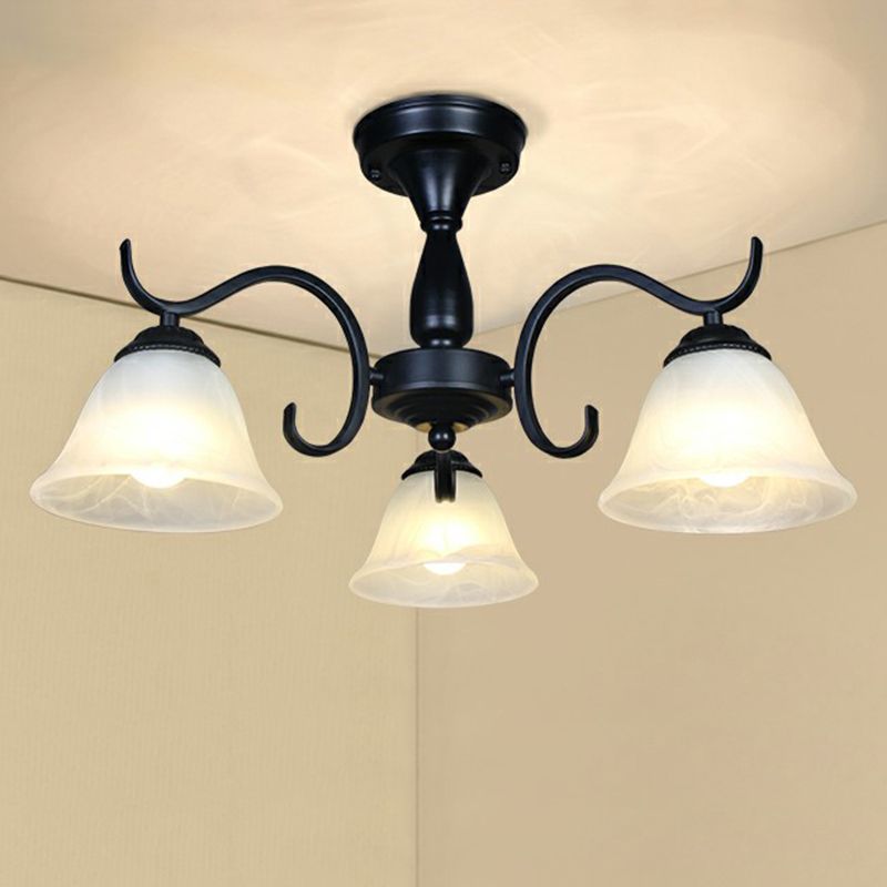 Zwarte belvormige semi -spoeling mount vintage opaalglas woonkamer dicht bij plafond kroonluchter
