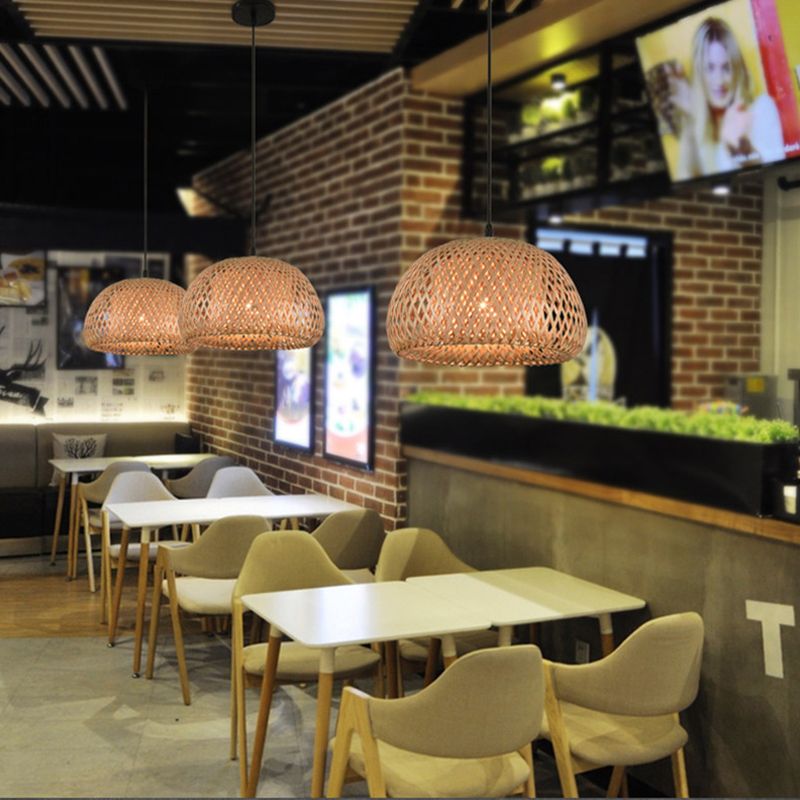 Double walled Hanging Lamp Kit Asian Bamboo 1-Light Beige Hanging Pendant for Restaurant