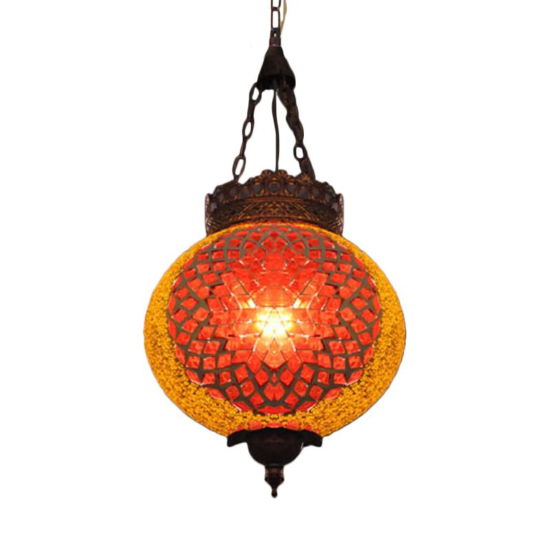 Turkish Globe Hanging Pendant 1 Head Handcrafted Art Glass Suspended Lighting Fixture in Blue/Orange Red