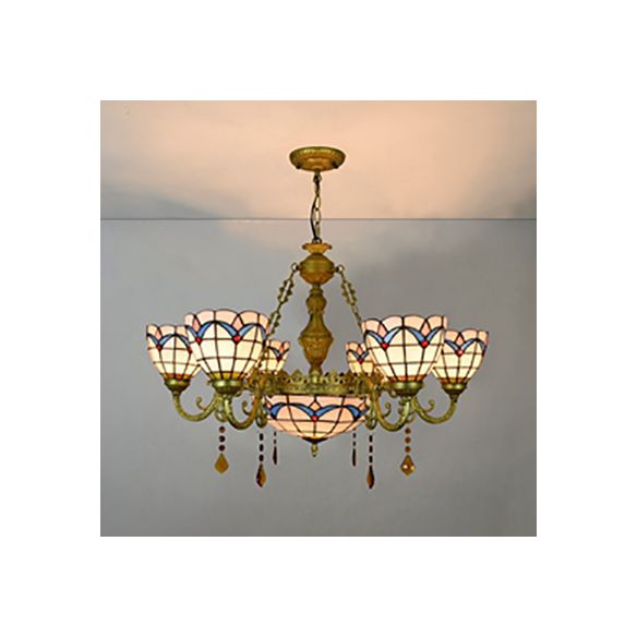 Country Bowl Hanging Pendant Stained Glass 7 Heads Tulip Chandelier in Brass Finish for Living Room