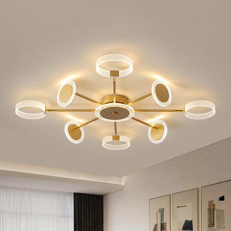 31.5"/39" W Modern Circle Semi Flush Acrylic 7/9 Heads Living Room LED Ceiling Mounted Fixture in Gold, Warm/White Light