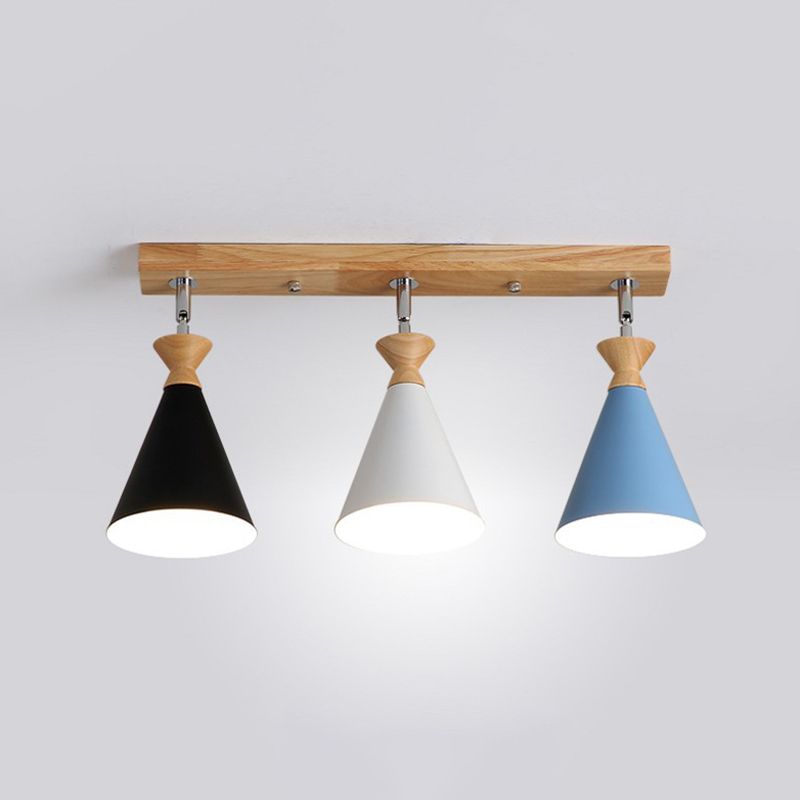 Lámpara de techo de 3 luces de hierro de estilo creativo moderno con montaje semi empotrado de cono de madera para comedor