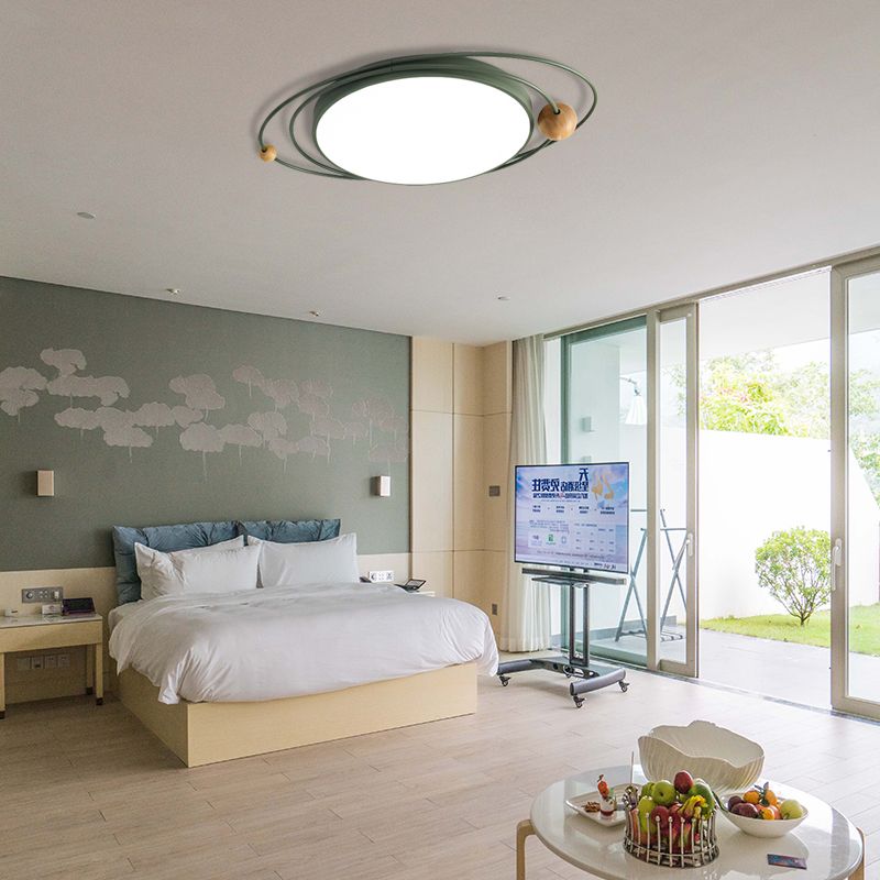 Drum Flush Lamp with Orbit Design Nordic Style Metal Led Indoor Flush Ceiling Light in Green/Grey/White, 21"/26"/31" W
