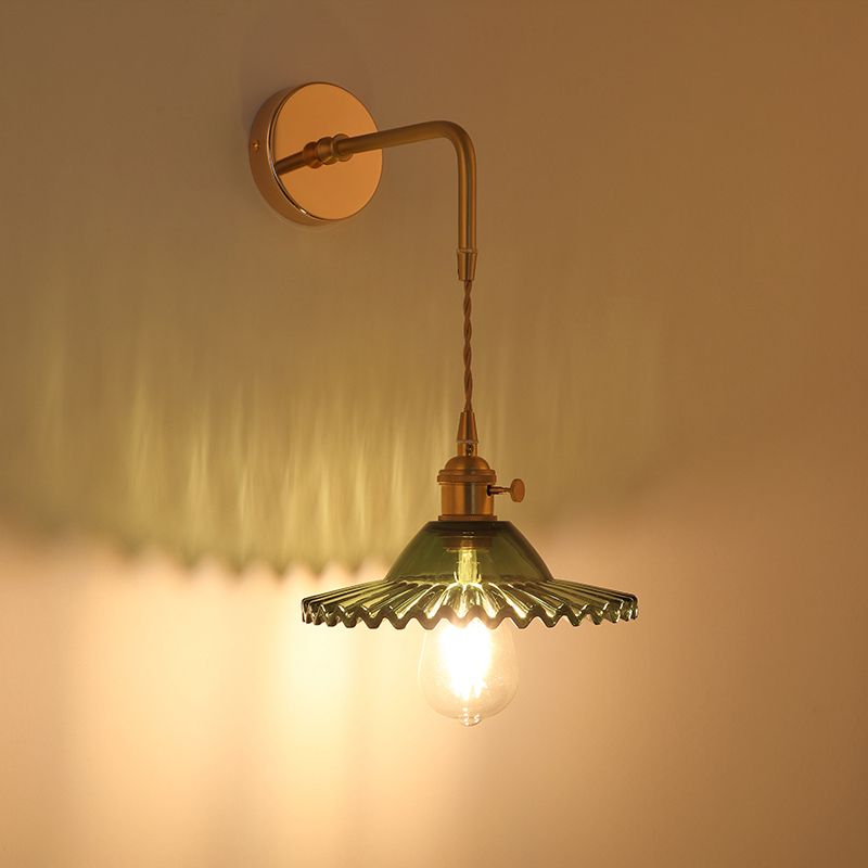 Shaded Glass Wall Light Fixture Vintage Single-Bulb Bedside Wall Mounted Lamp in Gold