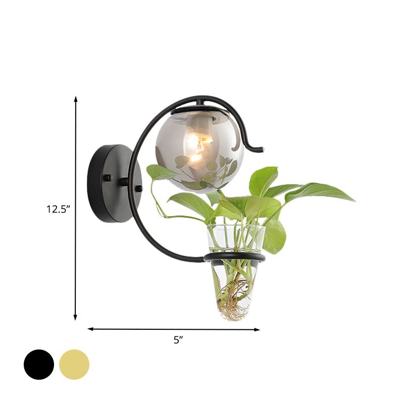 Cream/Smoke Gray Glass Orb Sconce Vintage 1-Bulb Bedroom Wall Lamp in Black/Gold with C-Shaped Arm and Plant Cup