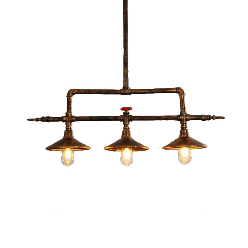 3 Lights Bell Shade Island Lighting Industrial Rust Iron Hanging Ceiling Lamp with Water Pipe Design