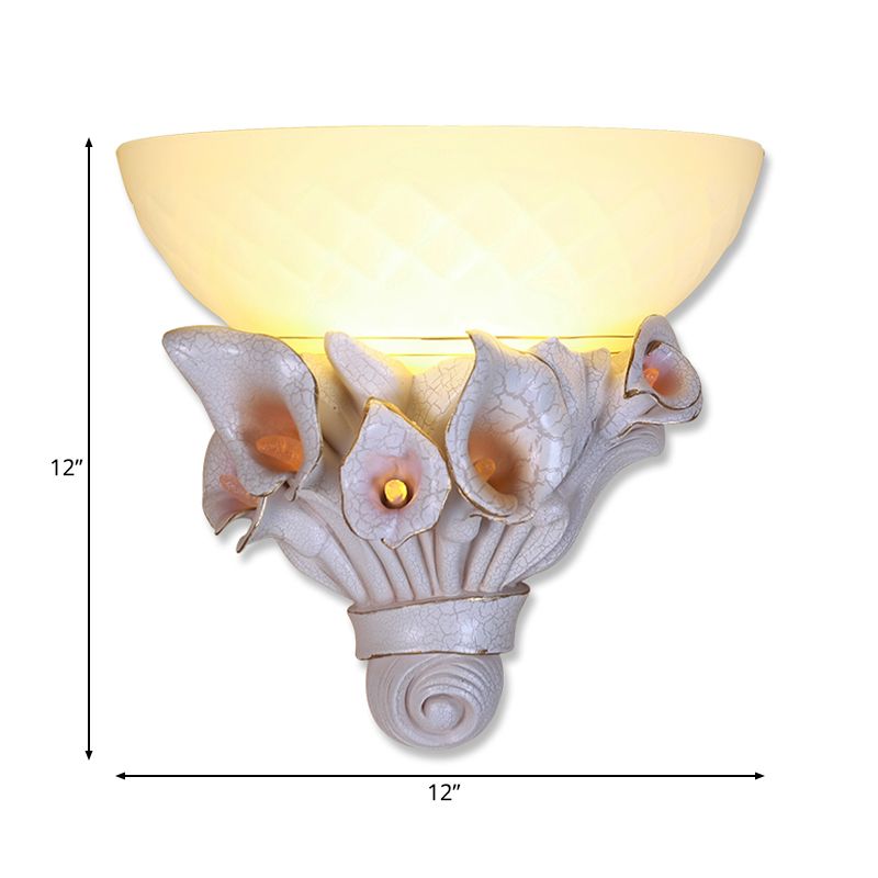 Bowl White Glass Wall Light Fixture Vintage 1 Light Bedside Sconce Light with Yellow/White Flower Design