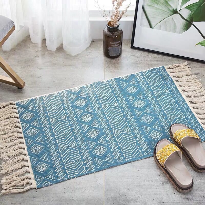 Boho Chic Bedroom Rug Multi-Color Geometric Pattern Rug Cotton Machine Wash Carpet with Tassel Fringe