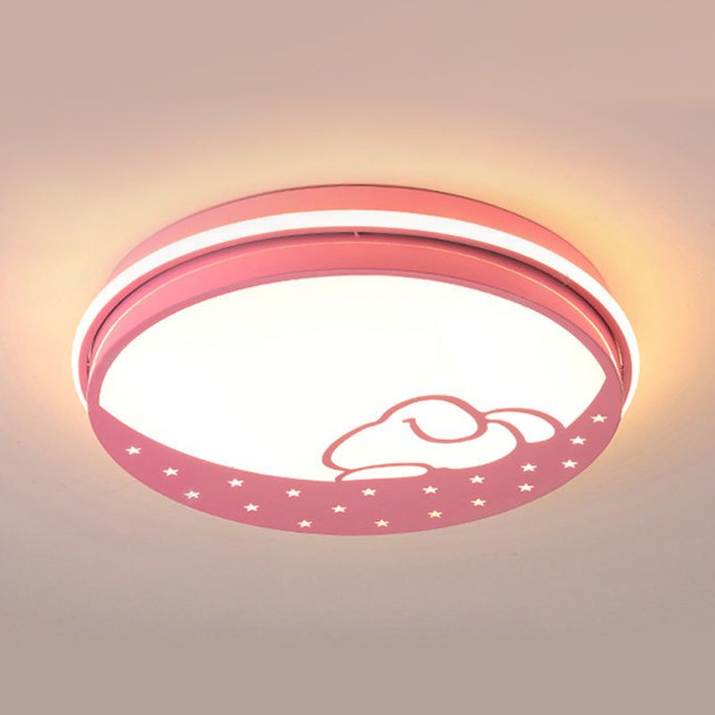 Lovely Circle LED Flush Ceiling Light with Moon & Rabbit Metal Whit Ceiling Lamp for Kindergarten