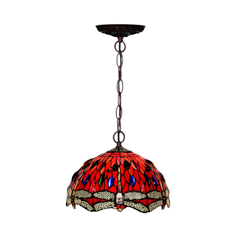 Dragonfly Pendant Lighting Fixture Victorian Red/Green Stained Glass 1 Light Hanging Ceiling Light