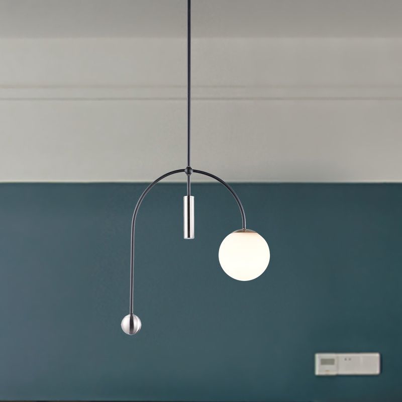 White Glass Spherical Hanging Pendant Light Simplicity 1 Head Black Finish Ceiling Lamp for Kitchen