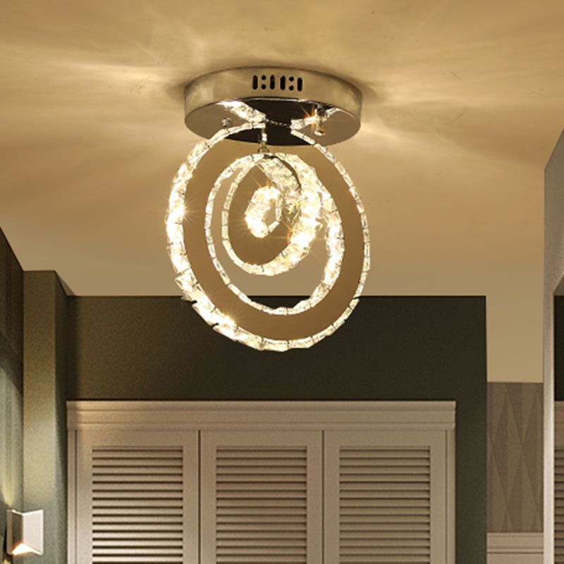Stainless-Steel LED Semi Flush Mount Contemporary Clear Crystal Blocks Round/Triangle/Double Ring Ceiling Lamp