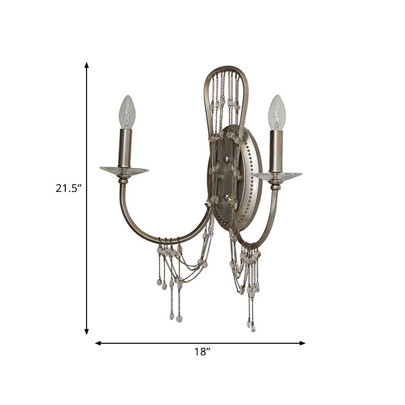 Candelabra Metallic Wall Light Sconce Contemporary 2-Light Bedroom Crystal Wall Mount Lighting in Nickel with Curved Arm