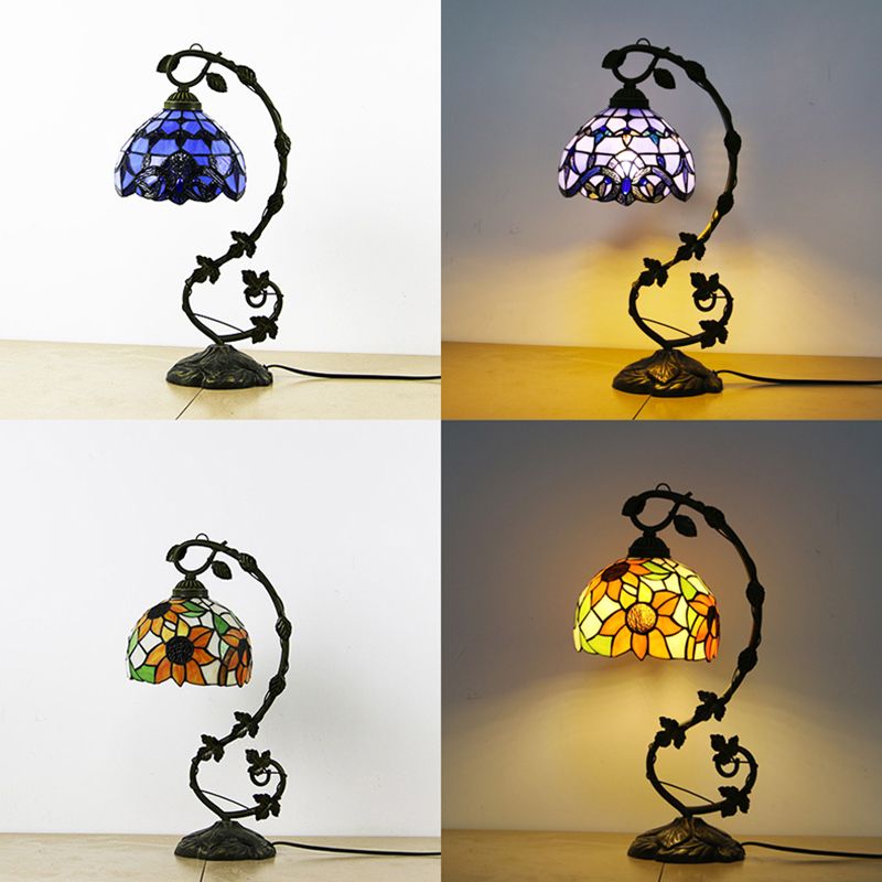 Tiffany Style Gooseneck Table Lamp 1 Bulb Stained Glass Nightstand Light with Dome Shade