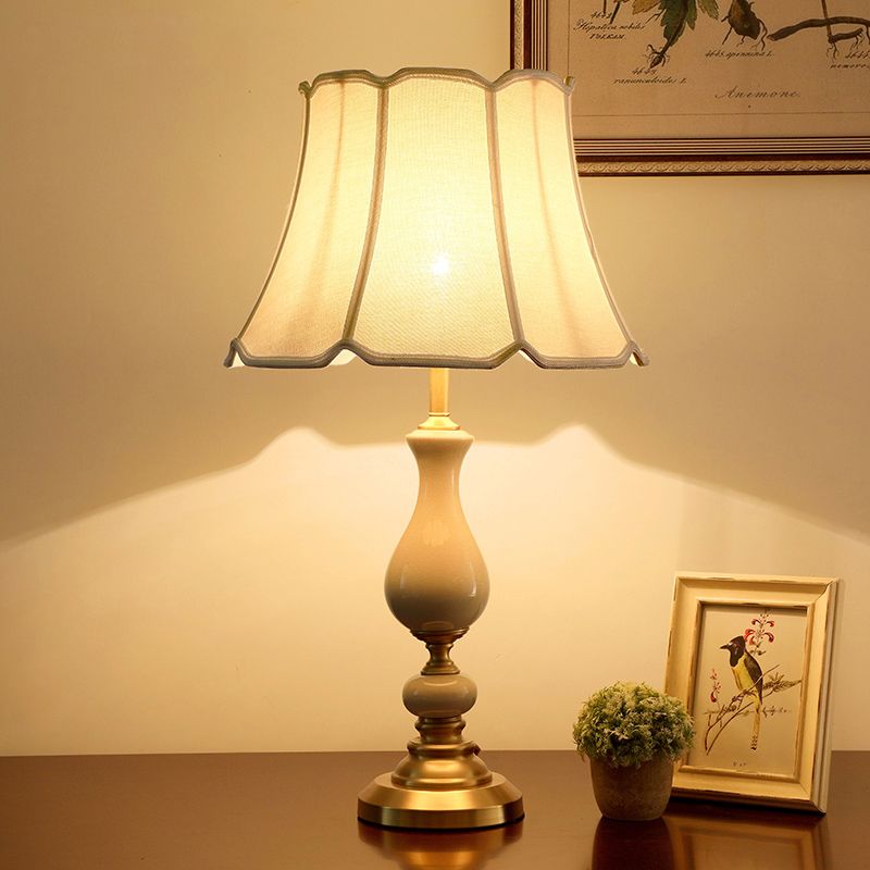 Fabric Scalloped Bell Table Lamp Simplicity 1 Bulb Living Room Nightstand Light with Ceramic Decor in White