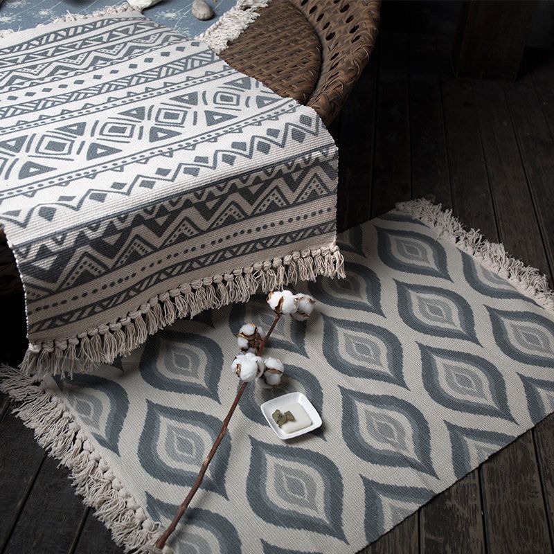 Retro Bedroom Rug Multi-Colored Geometric Printed Area Carpet Weave Machine Washable Rug with Fringe