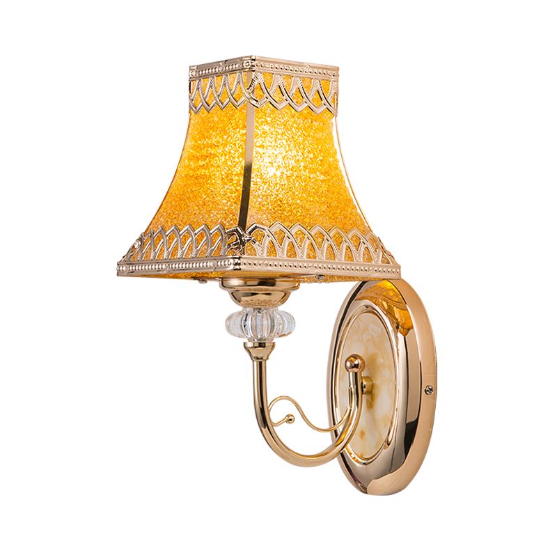 Single Bulb Bell Wall Sconce Colonial Gold Beveled Glass Wall Light with Arched Arm for Indoor