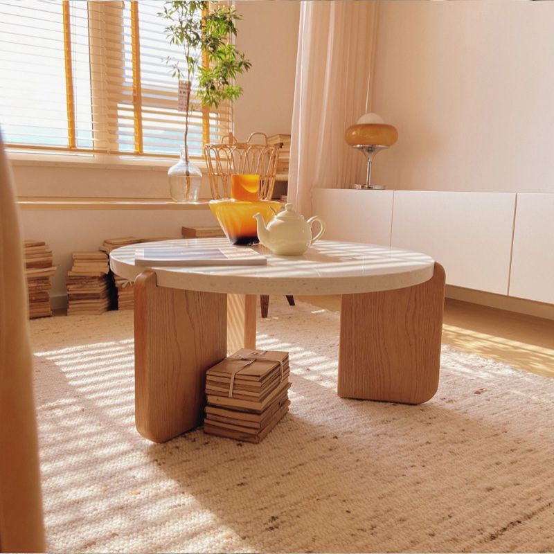 Stone and Solid Wood Coffee or End Table Contemporary Coffee Table in Beige