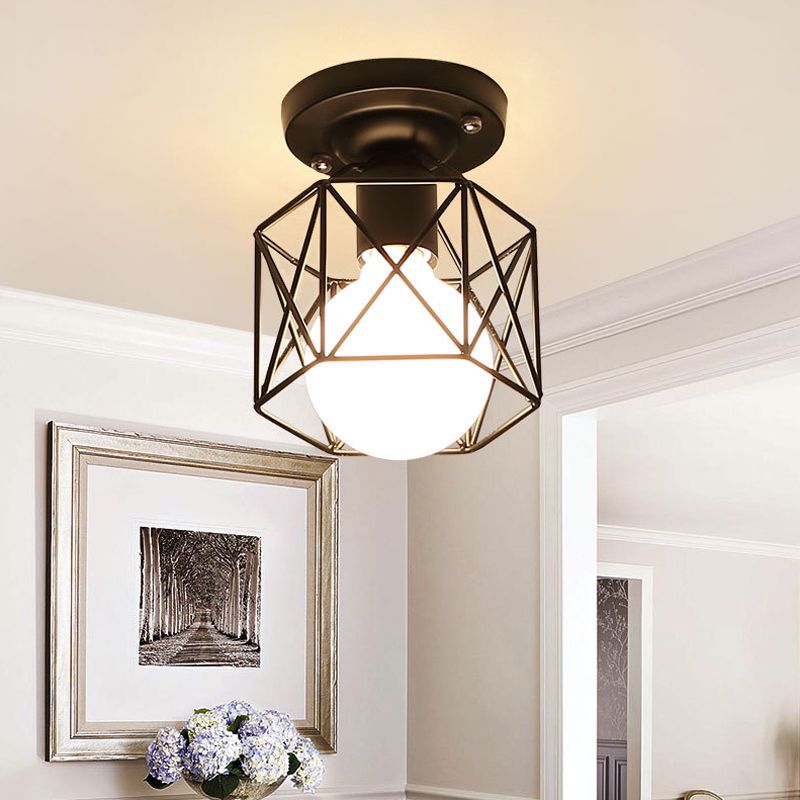 Black Hexagon Cage Flush Mount Lighting Modern Iron 1 Bulb Kitchen Flushmount Ceiling Lamp