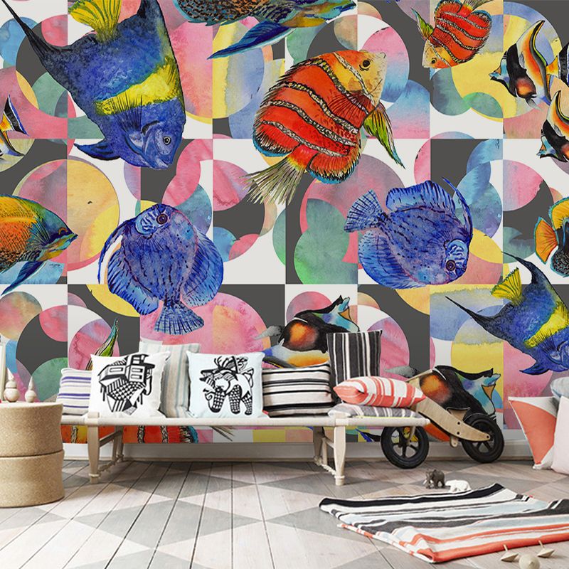 Decorative Non-Woven Fabric Mural Wallpaper Natural Undersea Fish Wall Covering for Living Room