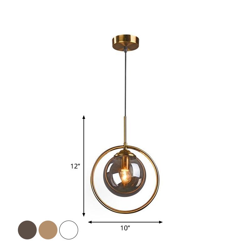 Globe Down Lighting Pendant Postmodern Clear/Amber/Smoke Grey Glass Single-Bulb Bedroom Suspension Light with Brass Ring