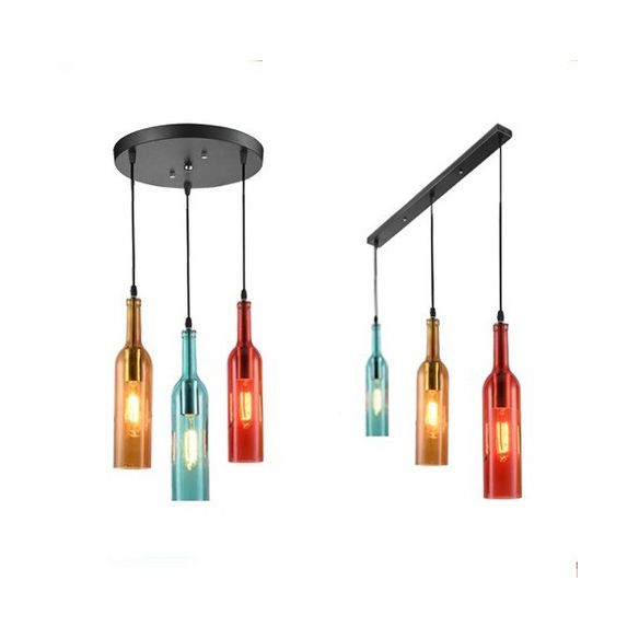 3 Lights Hanging Light with Wine Bottle Glass Shade Industrial Bar Pendant Lamp in Black, Round/Linear Canopy