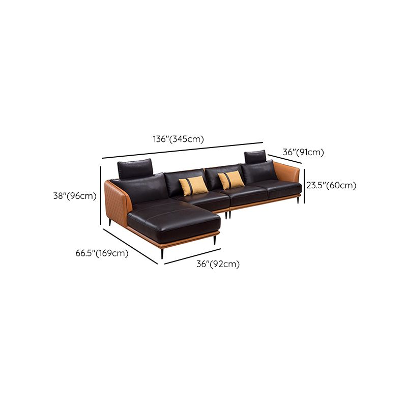 Mid Century Genuine Leather Sectionals Loose Back Sectional & Chaise in Brown
