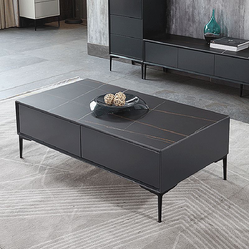 Modern Style Black Coffee Table Made of Round Rock Slab Wood
