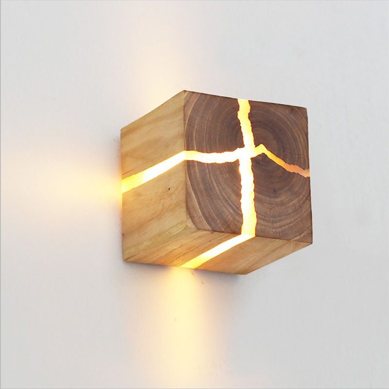 Log Color 1-Light Wall Lamp in Modern Minimalist Wooden Square Wall Light for Bedroom