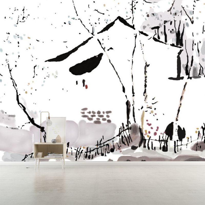 Chinese Ink Painting Farmhouse Mural Black-White Moisture Resistant Wall Art for Bedroom