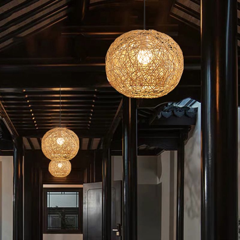 1 Leichte moderne kugelförmige Bambus -Anhänger Leichte ländliche hängende Lampe für das Wohnzimmer