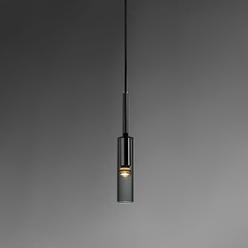 Luce a sospensione grigio in cristallo in moderna lampada a sospensione cilindrica di rame per sala da pranzo