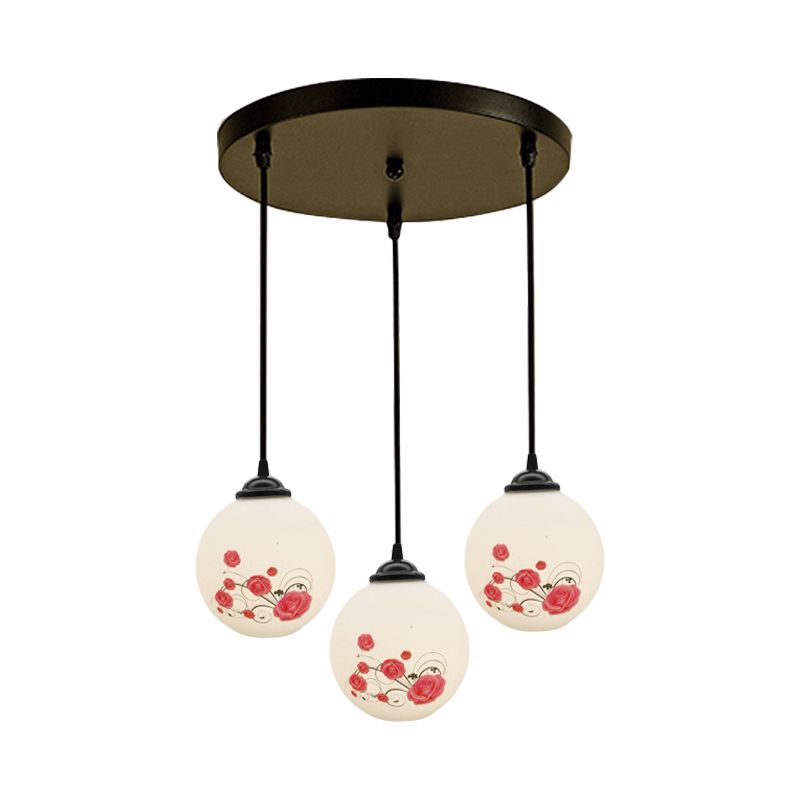 3 Heads Orb Multi-Pendant Modernism Black Finish White Frosted Glass Hanging Light Kit with Flower Pattern and Round/Linear Canopy