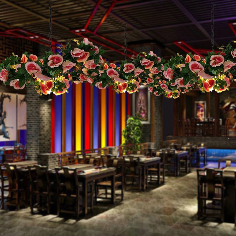 Industrial Cage Style Hanging Lamp 1 Head Metal Pendant Lighting with Artificial Leaf and Flower