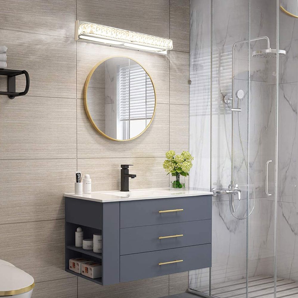 Roestvrijstalen basis badkamer ijdelheid wijk kristal ingebed boven spiegel ijdelheid lichten