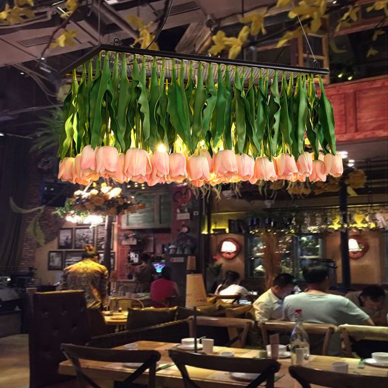 Tulip Bouquet Restaurant Suspension Lamp Rustic Metal 4-Light Green Island Light Fixture